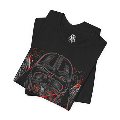 Image 5 of a T-Shirt design of Anakin Skywalker and Darth Vader from Star Wars, standing divided by light and shadow as blue and red lightsabers glow against a darkened battlefield. Anakin’s determined gaze contrasts with Vader’s imposing armored form, symbolizing the tragic fall of a hero. The design captures the transformation, inner conflict, and destiny that reshaped the galaxy.