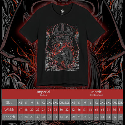 Size chart of a T-Shirt design of Anakin Skywalker and Darth Vader from Star Wars, standing divided by light and shadow as blue and red lightsabers glow against a darkened battlefield. Anakin’s determined gaze contrasts with Vader’s imposing armored form, symbolizing the tragic fall of a hero. The design captures the transformation, inner conflict, and destiny that reshaped the galaxy.