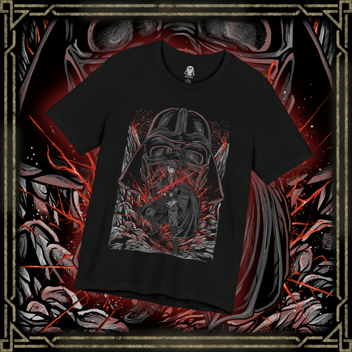 Thumbnail of a T-Shirt design of Anakin Skywalker and Darth Vader from Star Wars, standing divided by light and shadow as blue and red lightsabers glow against a darkened battlefield. Anakin’s determined gaze contrasts with Vader’s imposing armored form, symbolizing the tragic fall of a hero. The design captures the transformation, inner conflict, and destiny that reshaped the galaxy.