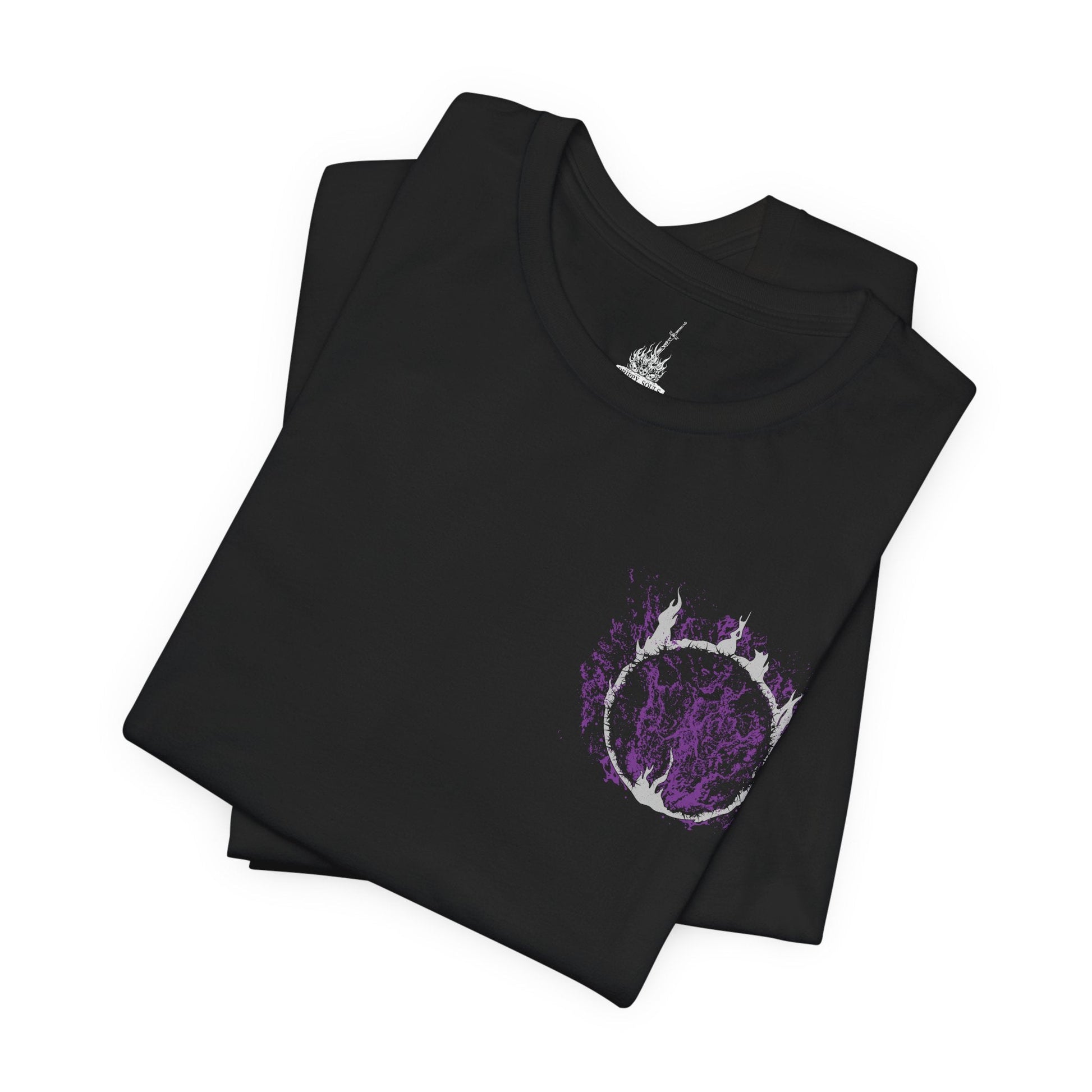 Image 6 of a T-shirt artwork of Artorias of the Abyss charging through a storm of shadow and corrupted energy, his wolf-emblazoned armor cracked and bleeding darkness. The Abyss surges around his broken form as he fights with relentless fury, embodying the legend of a hero who willingly gave his soul to save the world from encroaching ruin.