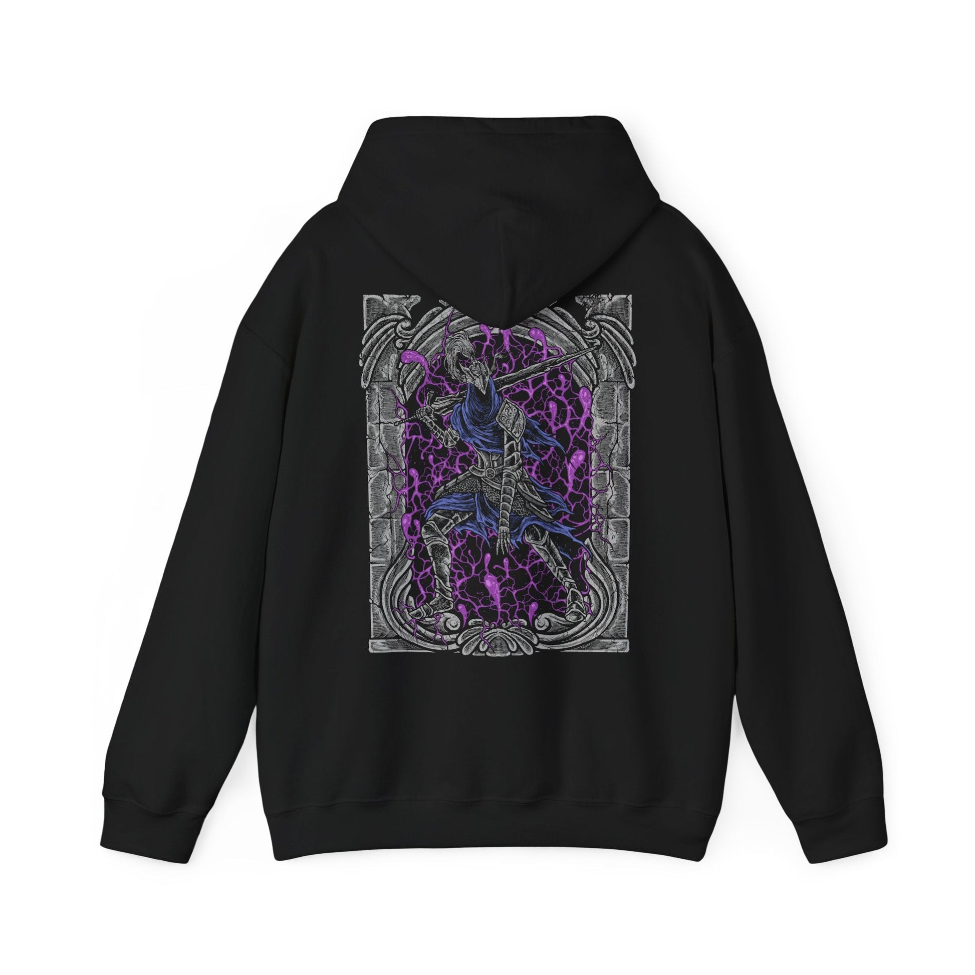Image 5 of a Hooded Sweatshirt of Artorias of the Abyss standing alone within a void of blackened mist, his greatsword raised despite his shattered arm. Abyssal tendrils twist around his armor as the corruption overtakes him, capturing the sorrow, heroism, and eternal struggle of a knight who fell so others might live.