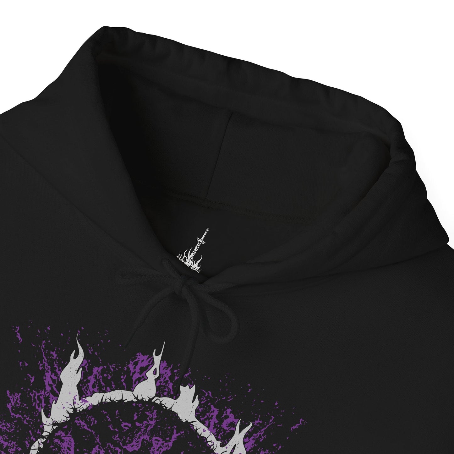 Folded Hooded Sweatshirt of Artorias of the Abyss standing alone within a void of blackened mist, his greatsword raised despite his shattered arm. Abyssal tendrils twist around his armor as the corruption overtakes him, capturing the sorrow, heroism, and eternal struggle of a knight who fell so others might live.