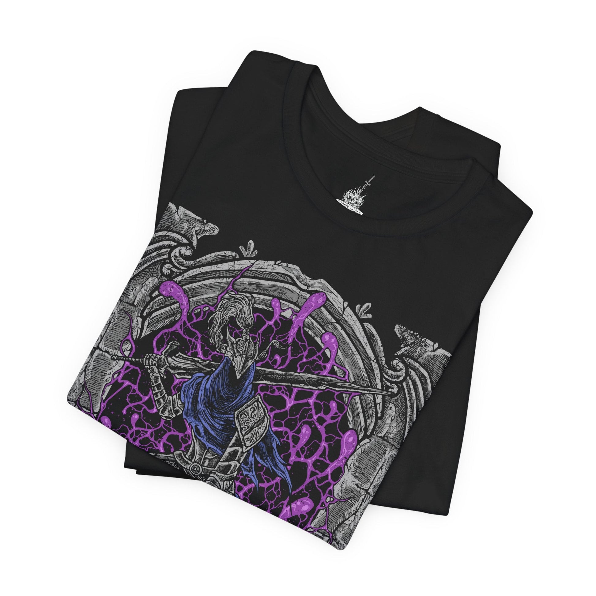 Image 5 of a T-shirt design of Artorias of the Abyss, the fallen knight of Gwyn, standing amid swirling darkness as the Abyss consumes his once-glorious armor. His massive greatsword drags across the ground, one arm shattered while black corruption coils around him, reflecting his tragic sacrifice to halt the spread of the Abyss and protect Oolacile.