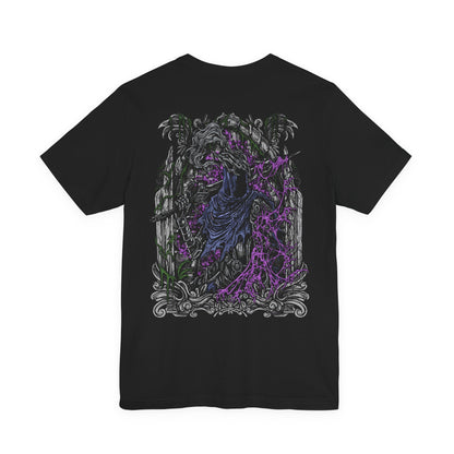 Image 5 of a T-shirt featuring Artorias the Abysswalker from Dark Souls, the legendary knight who dared to face the Abyss alone. Corrupted by darkness but unbroken in will, Artorias fights with a shattered arm and a soul torn by sacrifice. This design captures his tragic valor and iconic silhouette, sword poised amidst the shadows.