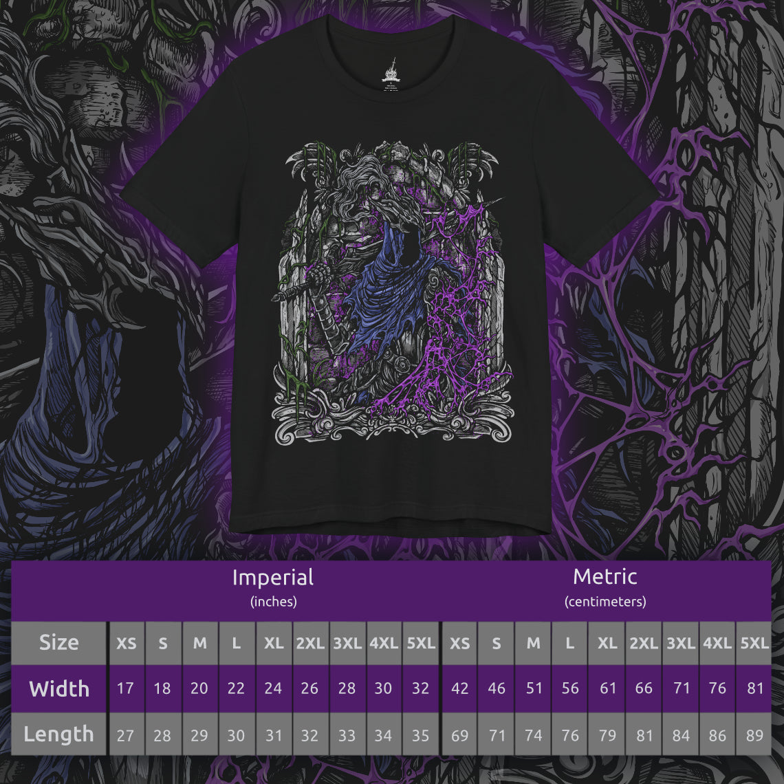 Size chart of a T-shirt featuring Artorias the Abysswalker from Dark Souls, the legendary knight who dared to face the Abyss alone. Corrupted by darkness but unbroken in will, Artorias fights with a shattered arm and a soul torn by sacrifice. This design captures his tragic valor and iconic silhouette, sword poised amidst the shadows.