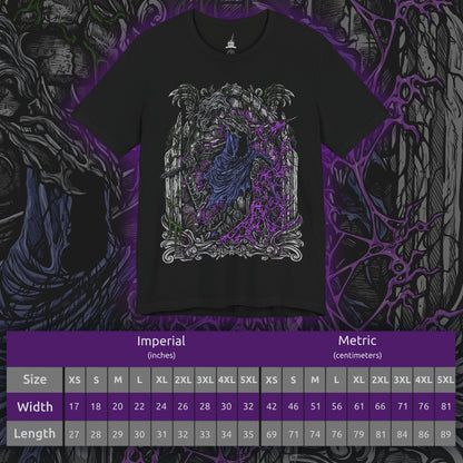 Size chart of a T-shirt featuring Artorias the Abysswalker from Dark Souls, the legendary knight who dared to face the Abyss alone. Corrupted by darkness but unbroken in will, Artorias fights with a shattered arm and a soul torn by sacrifice. This design captures his tragic valor and iconic silhouette, sword poised amidst the shadows.