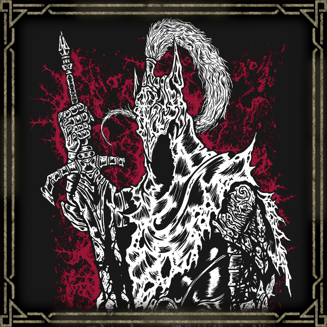 Concept Art of Artorias the Abysswalker Grim. In Dark Souls, Artorias stands as a fallen legend. Armed with a greatsword and a shattered arm, he faced the Abyss alone to rescue Oolacile. Though tainted by darkness, he fought with unwavering resolve. His corrupted form guards the Abyss, a somber reminder that even the greatest warriors can fall to the very evil they oppose.