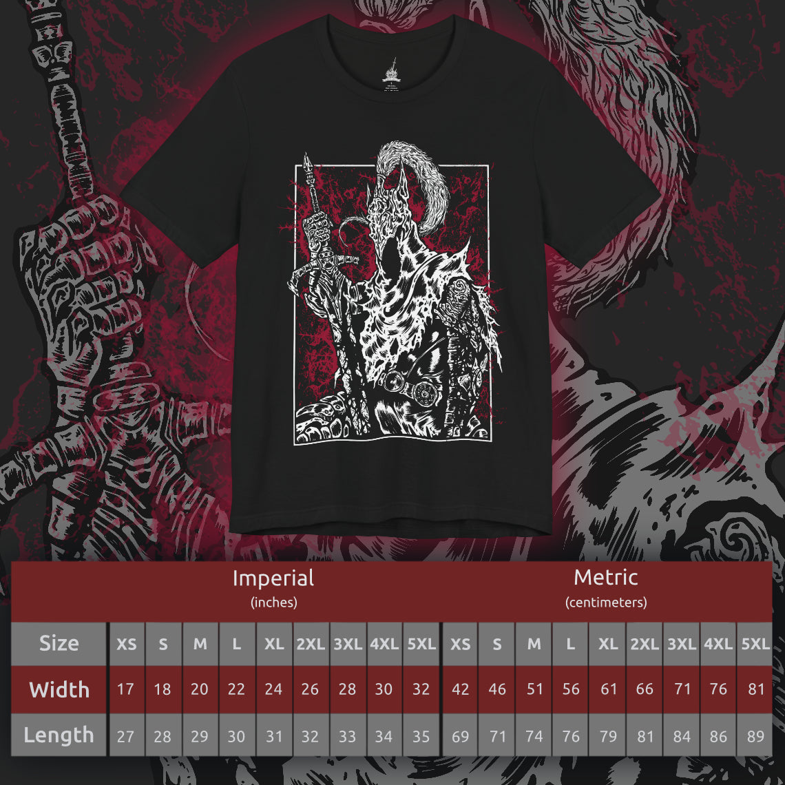 Size chart of a T-shirt featuring Artorias the Abysswalker from Dark Souls, the fallen knight who once stood as one of Gwyn’s Four Knights. Corrupted by the Abyss he swore to fight, Artorias wields his greatsword with broken grace, his body twisted but his resolve unbroken. This design captures his tragic heroism and the haunting legacy of his sacrifice.