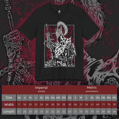 Size chart of a T-shirt featuring Artorias the Abysswalker from Dark Souls, the fallen knight who once stood as one of Gwyn’s Four Knights. Corrupted by the Abyss he swore to fight, Artorias wields his greatsword with broken grace, his body twisted but his resolve unbroken. This design captures his tragic heroism and the haunting legacy of his sacrifice.
