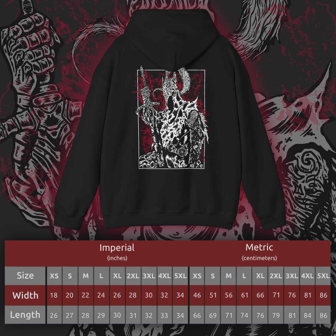 Size chart of a Hooded Sweatshirt showcasing Artorias the Abysswalker, one of Gwyn’s Four Knights and a tragic figure from Dark Souls. Known for his unmatched skill and loyalty, Artorias descended into the Abyss alone, his soul corrupted in the process. This design highlights his torn cape, broken arm, and fierce stance—embodying the sorrowful nobility of a warrior who fell not in fear, but in sacrifice.