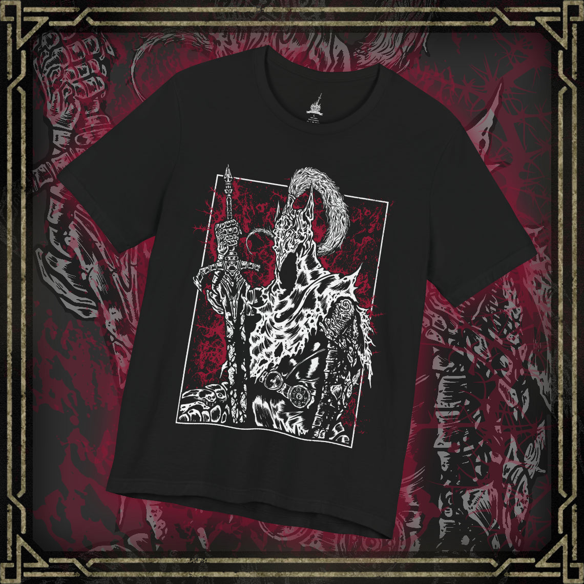 Thumbnail of a T-shirt featuring Artorias the Abysswalker from Dark Souls, the legendary knight who sacrificed everything to halt the spread of the Abyss. Clad in tattered armor and wielding his massive greatsword with a shattered arm, Artorias stands as a symbol of heroic defiance and tragic downfall. This design captures the moment he’s overtaken by darkness, honoring his doomed fight to protect Oolacile and his undying will.