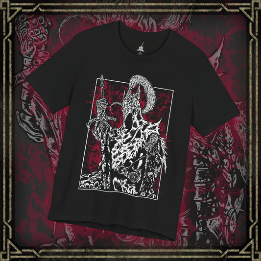 Thumbnail of a T-shirt featuring Artorias the Abysswalker from Dark Souls, the legendary knight who sacrificed everything to halt the spread of the Abyss. Clad in tattered armor and wielding his massive greatsword with a shattered arm, Artorias stands as a symbol of heroic defiance and tragic downfall. This design captures the moment he’s overtaken by darkness, honoring his doomed fight to protect Oolacile and his undying will.