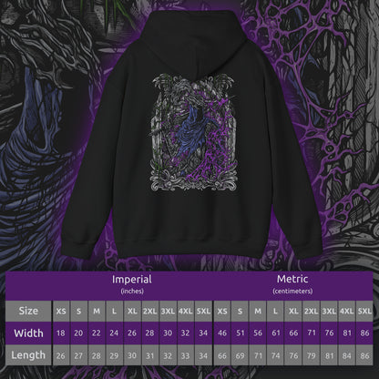 Size chart of a Hooded Sweatshirt showcasing Artorias the Abysswalker, the legendary knight from Dark Souls who ventured into the Abyss to halt its spread. Twisted by its corruption yet still driven by purpose, Artorias wields his massive greatsword with unmatched ferocity. The design highlights his torn armor and feral energy—an eternal symbol of fallen heroism and a fan-favorite figure of the series’ darkest lore.