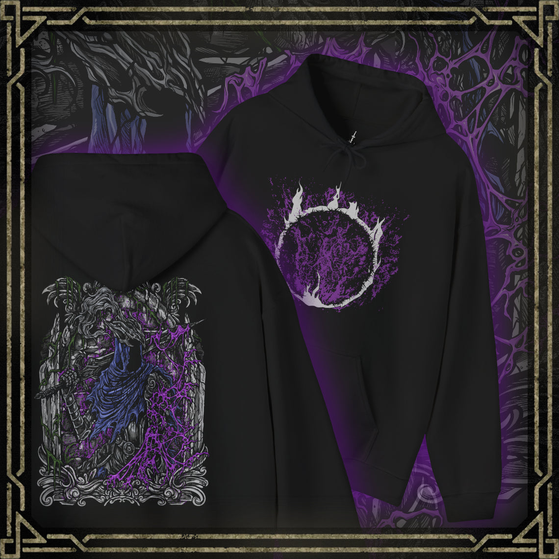 Thumbnail of a Hooded Sweatshirt showcasing Artorias the Abysswalker, the legendary knight from Dark Souls who ventured into the Abyss to halt its spread. Twisted by its corruption yet still driven by purpose, Artorias wields his massive greatsword with unmatched ferocity. The design highlights his torn armor and feral energy—an eternal symbol of fallen heroism and a fan-favorite figure of the series’ darkest lore.