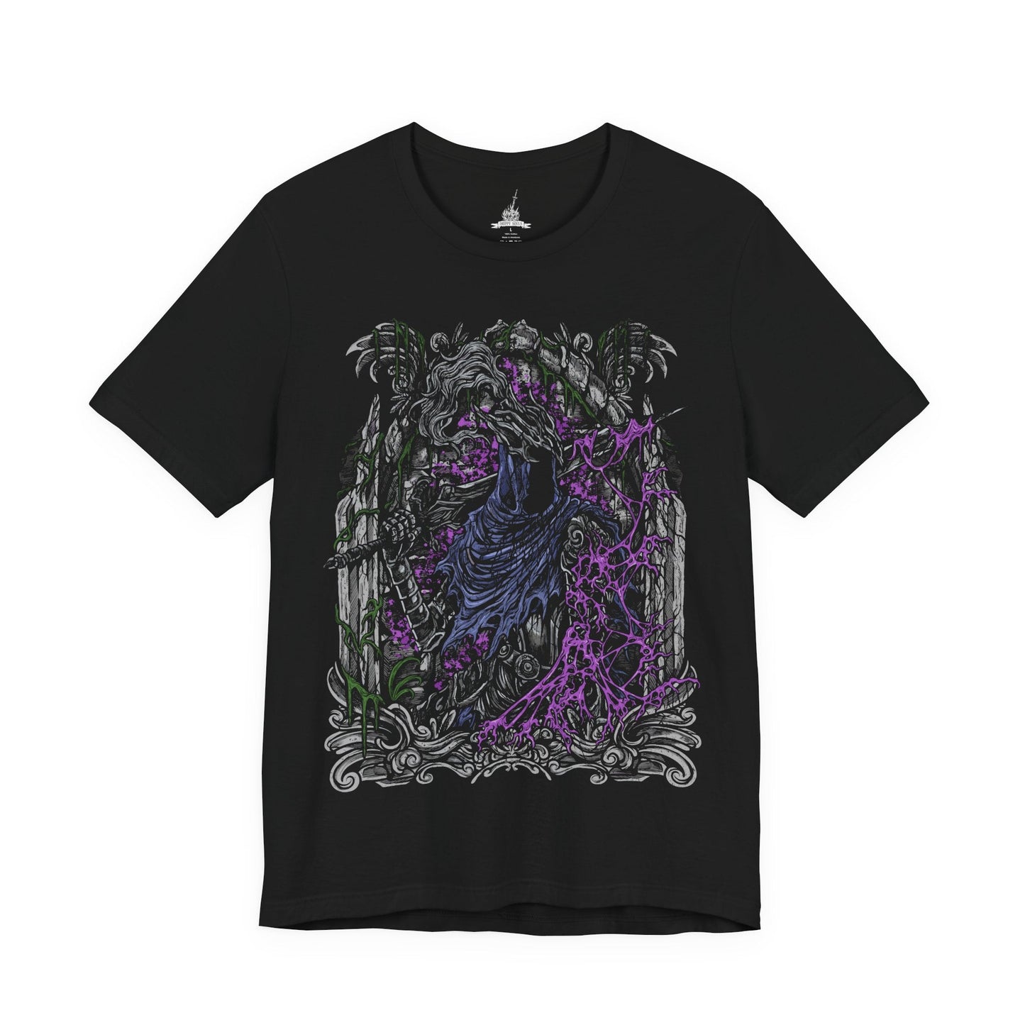 Image 4 of a T-shirt featuring Artorias the Abysswalker from Dark Souls, the fallen knight who dared to challenge the Abyss alone. Once a noble warrior and one of Gwyn’s Four Knights, Artorias became corrupted in his doomed quest to save Oolacile. This design captures his shattered arm, tattered cape, and relentless stance—honoring his tragic sacrifice and unbreakable will in the face of eternal darkness.