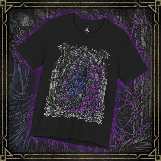 Thumbnail of a T-shirt featuring Artorias the Abysswalker from Dark Souls, the fallen knight who dared to challenge the Abyss alone. Once a noble warrior and one of Gwyn’s Four Knights, Artorias became corrupted in his doomed quest to save Oolacile. This design captures his shattered arm, tattered cape, and relentless stance—honoring his tragic sacrifice and unbreakable will in the face of eternal darkness.