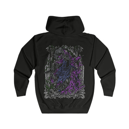 Folded Zip-up Hooded Sweatshirt featuring the corrupted form of Artorias the Abysswalker from Dark Souls, fully consumed by the darkness he sought to destroy. Twisted by the Abyss, his once-noble stance is now feral and unhinged, fighting with a broken arm and relentless fury. This design captures the tragic downfall of a hero who gave everything to shield Oolacile, even as the darkness devoured his soul.