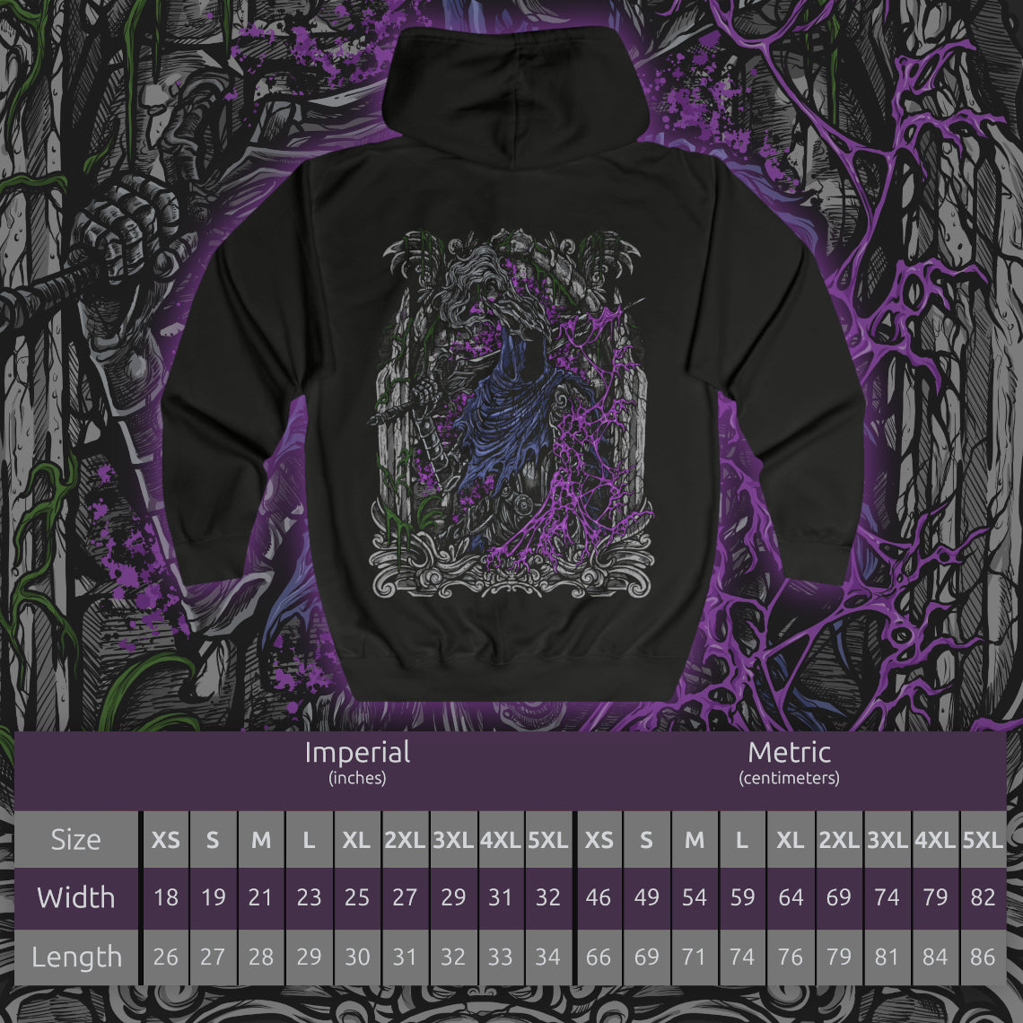 Size chart of a Zip-up Hooded Sweatshirt featuring the corrupted form of Artorias the Abysswalker from Dark Souls, fully consumed by the darkness he sought to destroy. Twisted by the Abyss, his once-noble stance is now feral and unhinged, fighting with a broken arm and relentless fury. This design captures the tragic downfall of a hero who gave everything to shield Oolacile, even as the darkness devoured his soul.