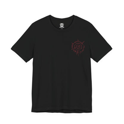 Image 4 of a T-shirt artwork depicting Ascended Astarion decapitating Cazador within the ritual chamber, blood-red runes and infernal energy spiraling through the air. As Cazador’s reign ends, Astarion embraces his ascended form, symbolizing vengeance, freedom, and the moral cost of ultimate power within Baldur’s Gate 3’s darkest narrative path.