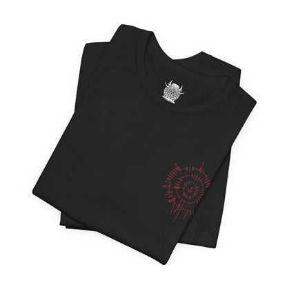 Image 6 of a T-shirt artwork depicting Ascended Astarion decapitating Cazador within the ritual chamber, blood-red runes and infernal energy spiraling through the air. As Cazador’s reign ends, Astarion embraces his ascended form, symbolizing vengeance, freedom, and the moral cost of ultimate power within Baldur’s Gate 3’s darkest narrative path.