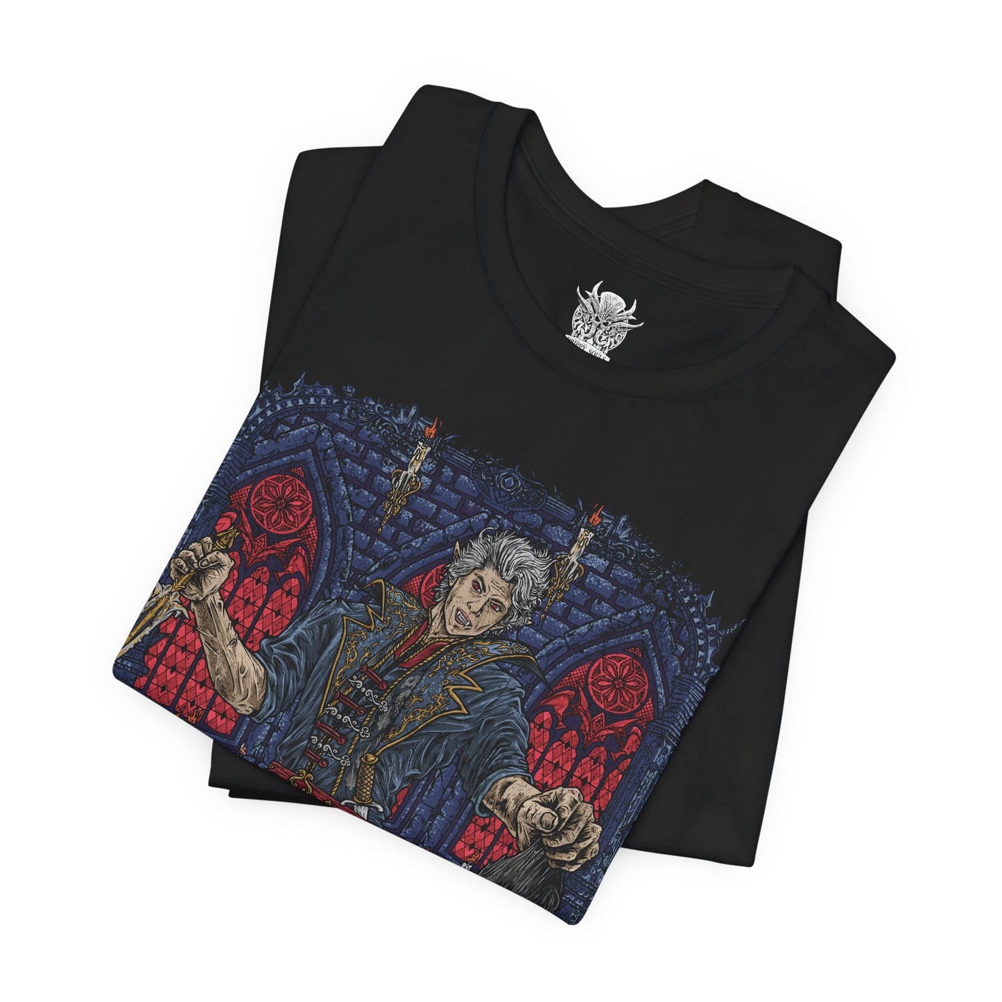 Image 5 of a T-shirt design of Ascended Astarion delivering the final blow to Cazador Szarr, severing the vampire lord’s head as dark ritual magic erupts around them. Bathed in crimson light, Astarion stands transformed by ascension, his expression cold and resolute. The scene captures the violent liberation from centuries of torment and the birth of a new, terrifying power.