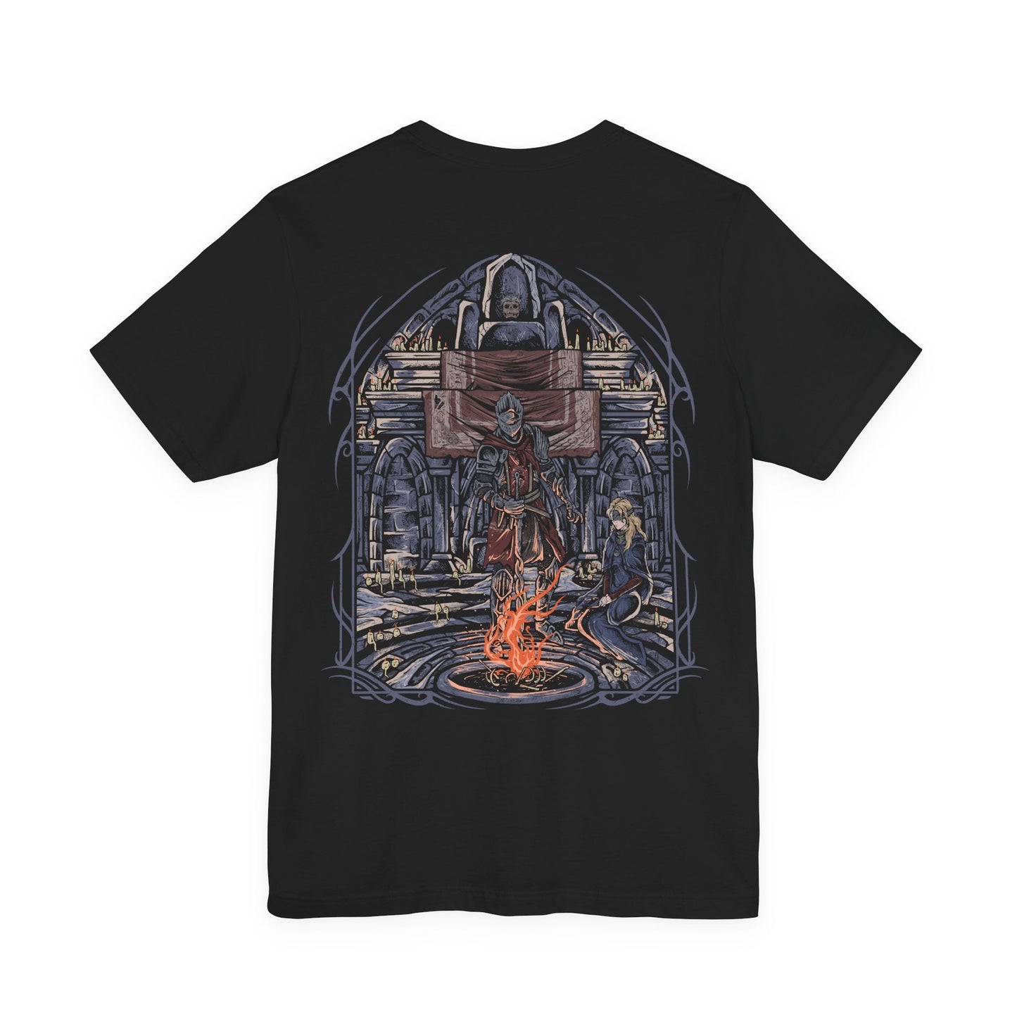 Image 5 of a T-Shirt artwork depicting the Fire Keeper gently guiding the Ashen One beneath the fading light of Firelink Shrine, surrounded by ancient thrones, flickering bonfires, and scattered ash. Warm ember light illuminates the shrine while darkness gathers beyond its walls. This design reflects destiny, sacrifice, and the quiet companionship shared throughout the Ashen One's journey to determine the fate of the Age of Fire.