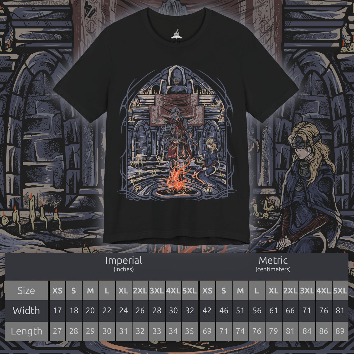 Size chart of a T-Shirt artwork depicting the Fire Keeper gently guiding the Ashen One beneath the fading light of Firelink Shrine, surrounded by ancient thrones, flickering bonfires, and scattered ash. Warm ember light illuminates the shrine while darkness gathers beyond its walls. This design reflects destiny, sacrifice, and the quiet companionship shared throughout the Ashen One's journey to determine the fate of the Age of Fire.