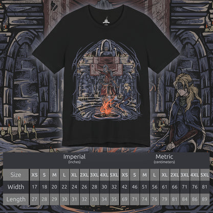 Size chart of a T-Shirt artwork depicting the Fire Keeper gently guiding the Ashen One beneath the fading light of Firelink Shrine, surrounded by ancient thrones, flickering bonfires, and scattered ash. Warm ember light illuminates the shrine while darkness gathers beyond its walls. This design reflects destiny, sacrifice, and the quiet companionship shared throughout the Ashen One's journey to determine the fate of the Age of Fire.