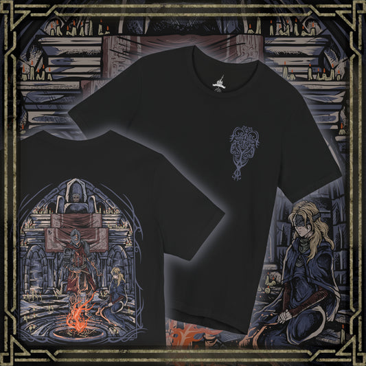 Thumbnail of a T-Shirt artwork depicting the Fire Keeper gently guiding the Ashen One beneath the fading light of Firelink Shrine, surrounded by ancient thrones, flickering bonfires, and scattered ash. Warm ember light illuminates the shrine while darkness gathers beyond its walls. This design reflects destiny, sacrifice, and the quiet companionship shared throughout the Ashen One's journey to determine the fate of the Age of Fire.