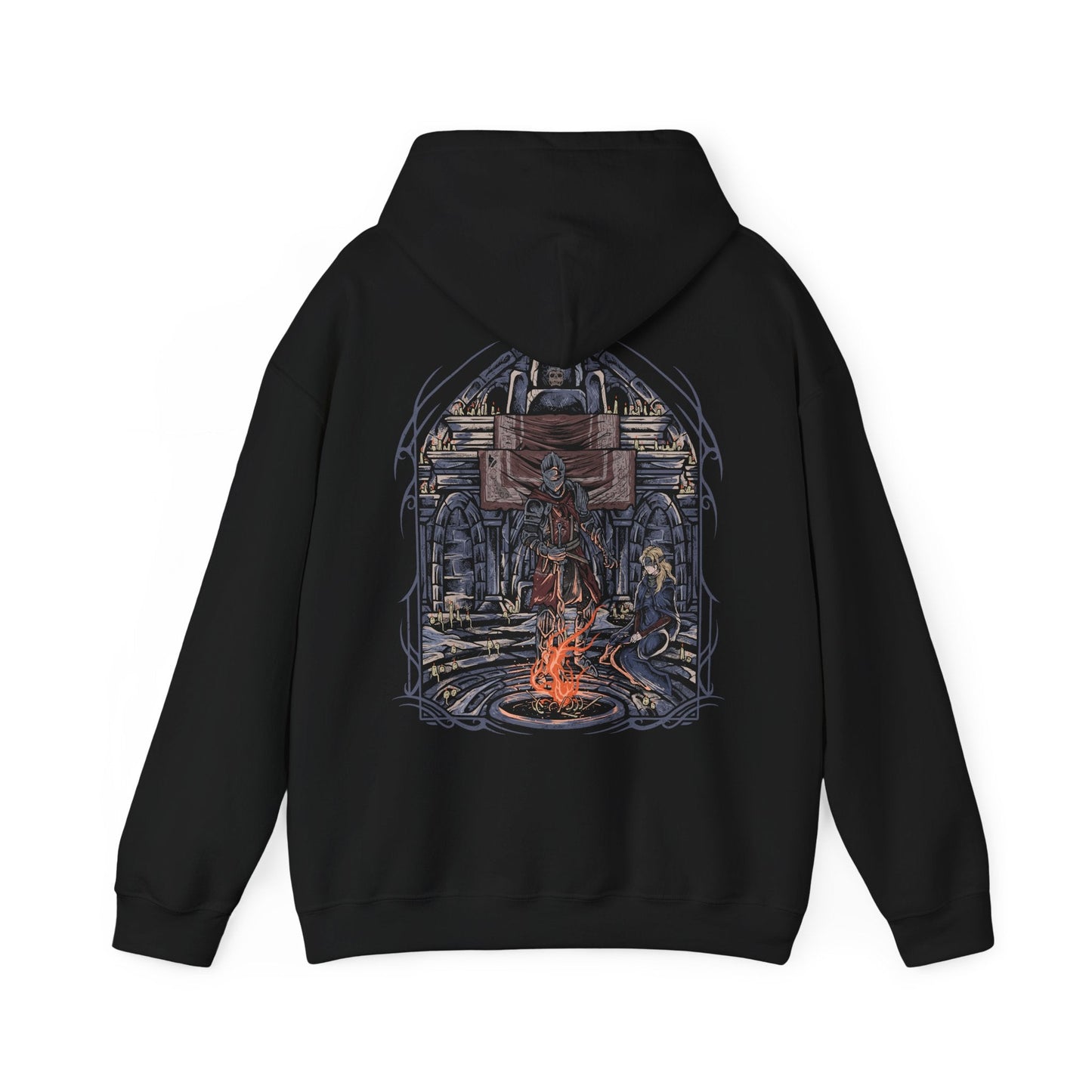 Image 5 of a Hooded Sweatshirt of the Ashen One standing beside the Fire Keeper before the First Flame, embers swirling through a darkened sky as the final decision between linking the fire or embracing a new age draws near. The Fire Keeper's serene presence balances the warrior's battle-scarred resolve. The composition emphasizes loyalty, destiny, and the emotional conclusion of one of Dark Souls III's most unforgettable journeys.