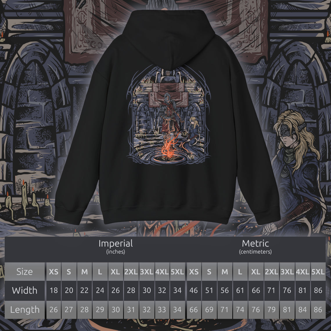 Size chart of a Hooded Sweatshirt of the Ashen One standing beside the Fire Keeper before the First Flame, embers swirling through a darkened sky as the final decision between linking the fire or embracing a new age draws near. The Fire Keeper's serene presence balances the warrior's battle-scarred resolve. The composition emphasizes loyalty, destiny, and the emotional conclusion of one of Dark Souls III's most unforgettable journeys.