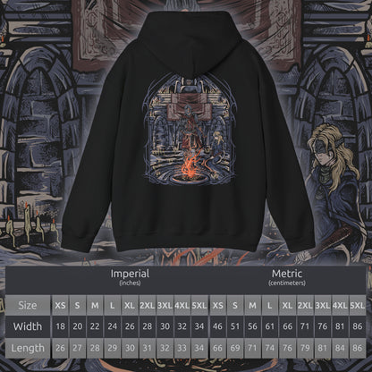 Size chart of a Hooded Sweatshirt of the Ashen One standing beside the Fire Keeper before the First Flame, embers swirling through a darkened sky as the final decision between linking the fire or embracing a new age draws near. The Fire Keeper's serene presence balances the warrior's battle-scarred resolve. The composition emphasizes loyalty, destiny, and the emotional conclusion of one of Dark Souls III's most unforgettable journeys.