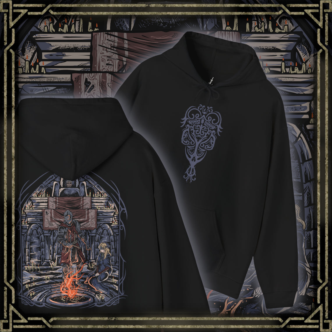 Thumbnail of a Hooded Sweatshirt of the Ashen One standing beside the Fire Keeper before the First Flame, embers swirling through a darkened sky as the final decision between linking the fire or embracing a new age draws near. The Fire Keeper's serene presence balances the warrior's battle-scarred resolve. The composition emphasizes loyalty, destiny, and the emotional conclusion of one of Dark Souls III's most unforgettable journeys.