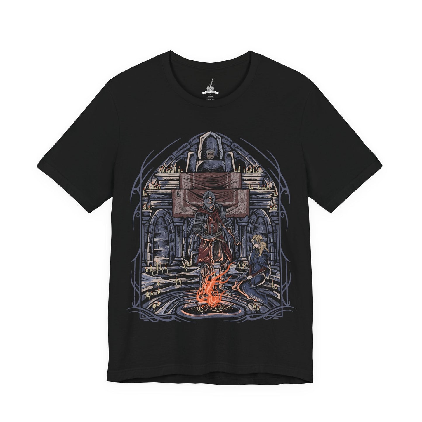 Image 4 of a T-Shirt design of the Ashen One and the Fire Keeper from Dark Souls III, standing together within the tranquil Firelink Shrine as fading embers drift through the air. The Fire Keeper's blindfold and flowing robes contrast with the Ashen One's battle-worn armor and weapon, symbolizing hope amid a dying world. The design captures their bond, the burden of linking the First Flame, and the endless cycle of fire and darkness.