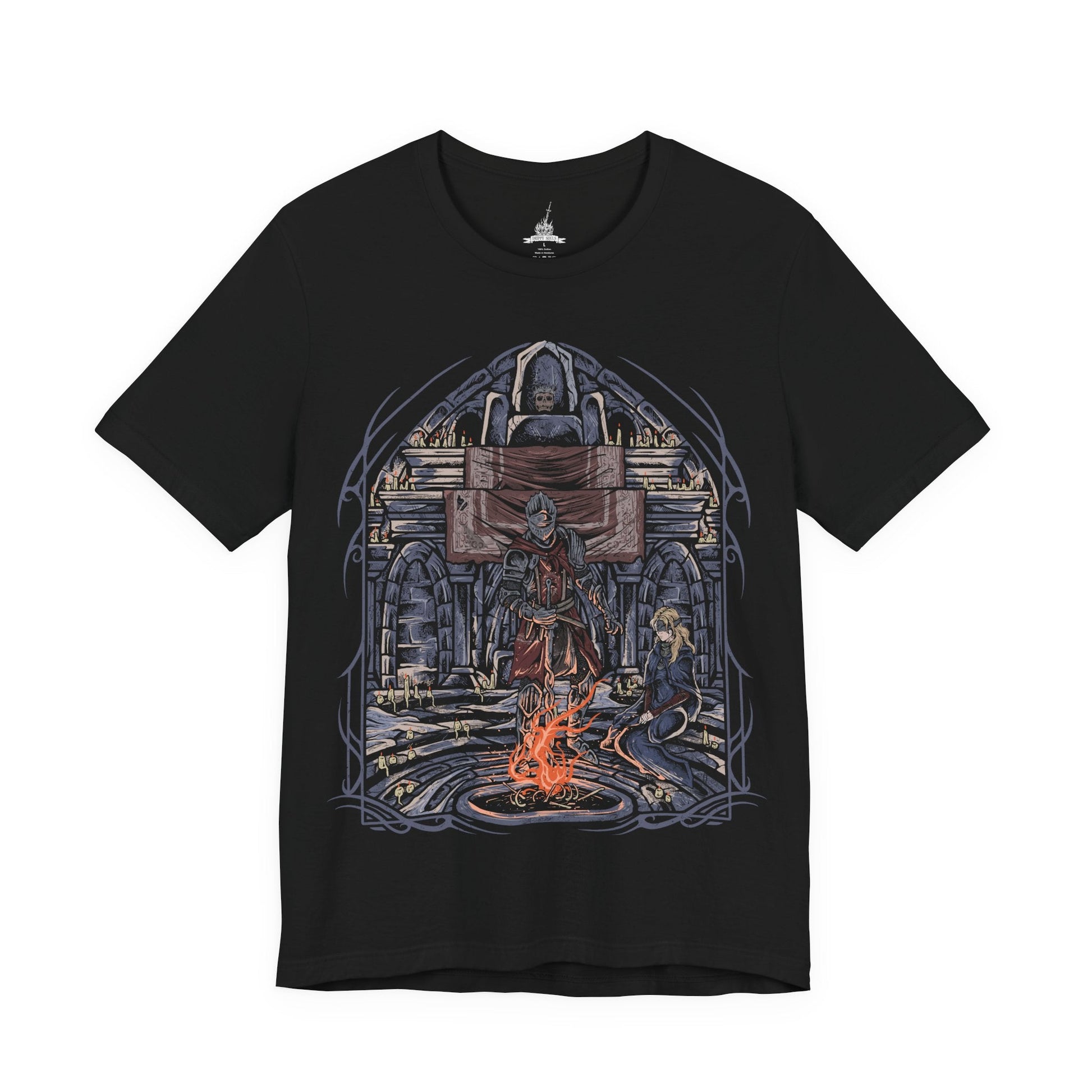 Image 4 of a T-Shirt design of the Ashen One and the Fire Keeper from Dark Souls III, standing together within the tranquil Firelink Shrine as fading embers drift through the air. The Fire Keeper's blindfold and flowing robes contrast with the Ashen One's battle-worn armor and weapon, symbolizing hope amid a dying world. The design captures their bond, the burden of linking the First Flame, and the endless cycle of fire and darkness.