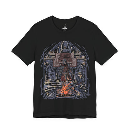 Image 4 of a T-Shirt design of the Ashen One and the Fire Keeper from Dark Souls III, standing together within the tranquil Firelink Shrine as fading embers drift through the air. The Fire Keeper's blindfold and flowing robes contrast with the Ashen One's battle-worn armor and weapon, symbolizing hope amid a dying world. The design captures their bond, the burden of linking the First Flame, and the endless cycle of fire and darkness.