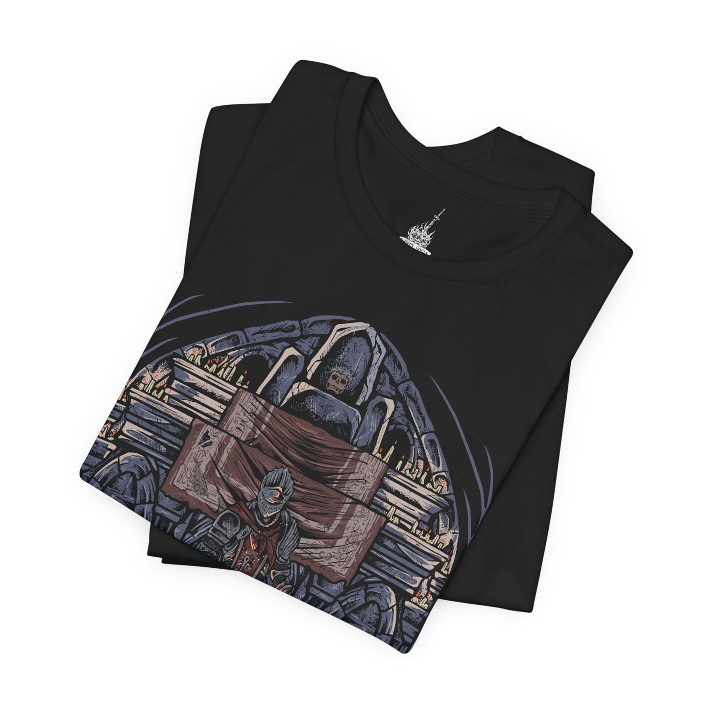 Image 5 of a T-Shirt design of the Ashen One and the Fire Keeper from Dark Souls III, standing together within the tranquil Firelink Shrine as fading embers drift through the air. The Fire Keeper's blindfold and flowing robes contrast with the Ashen One's battle-worn armor and weapon, symbolizing hope amid a dying world. The design captures their bond, the burden of linking the First Flame, and the endless cycle of fire and darkness.