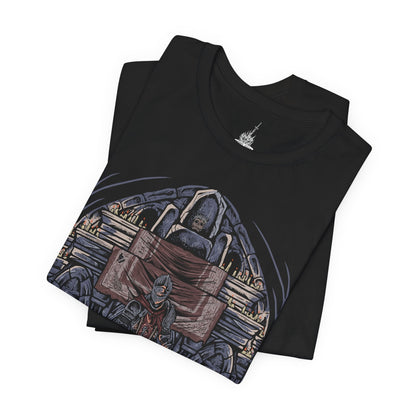 Image 5 of a T-Shirt design of the Ashen One and the Fire Keeper from Dark Souls III, standing together within the tranquil Firelink Shrine as fading embers drift through the air. The Fire Keeper's blindfold and flowing robes contrast with the Ashen One's battle-worn armor and weapon, symbolizing hope amid a dying world. The design captures their bond, the burden of linking the First Flame, and the endless cycle of fire and darkness.