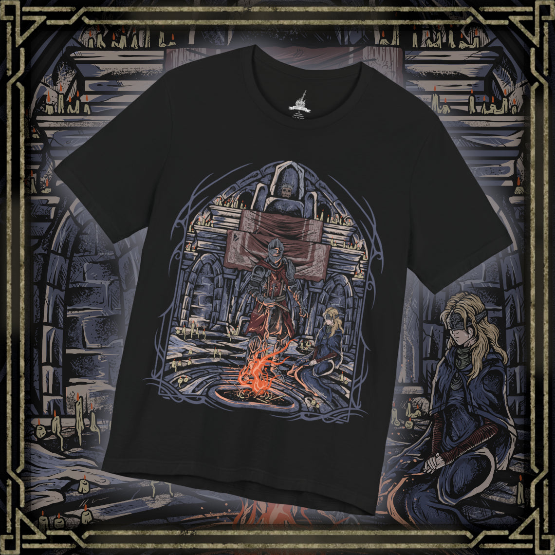 Thumbnail of a T-Shirt design of the Ashen One and the Fire Keeper from Dark Souls III, standing together within the tranquil Firelink Shrine as fading embers drift through the air. The Fire Keeper's blindfold and flowing robes contrast with the Ashen One's battle-worn armor and weapon, symbolizing hope amid a dying world. The design captures their bond, the burden of linking the First Flame, and the endless cycle of fire and darkness.