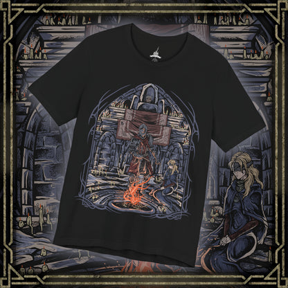 Thumbnail of a T-Shirt design of the Ashen One and the Fire Keeper from Dark Souls III, standing together within the tranquil Firelink Shrine as fading embers drift through the air. The Fire Keeper's blindfold and flowing robes contrast with the Ashen One's battle-worn armor and weapon, symbolizing hope amid a dying world. The design captures their bond, the burden of linking the First Flame, and the endless cycle of fire and darkness.