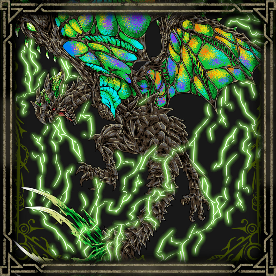 Concept Art of Astalos the Electric Wyvern. Astalos is a master of electrical combat, storing and releasing immense amounts of thunder through its wings, head, and tail. As its body becomes charged, its attacks grow more powerful and its movements become increasingly aggressive. The combination of its vivid coloration, razor-sharp anatomy, and explosive electricity makes Astalos one of the most distinctive flying wyverns in the Monster Hunter series.