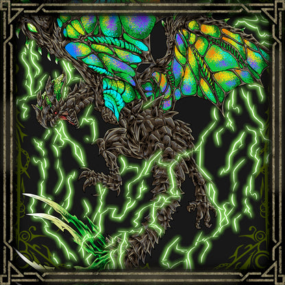 Concept Art of Astalos the Electric Wyvern. Astalos is a master of electrical combat, storing and releasing immense amounts of thunder through its wings, head, and tail. As its body becomes charged, its attacks grow more powerful and its movements become increasingly aggressive. The combination of its vivid coloration, razor-sharp anatomy, and explosive electricity makes Astalos one of the most distinctive flying wyverns in the Monster Hunter series.