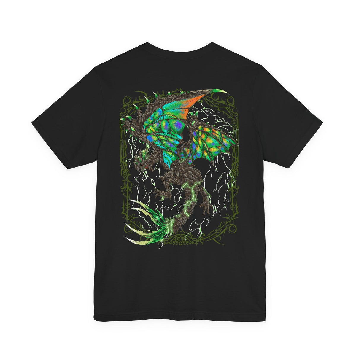 Image 5 of a T-Shirt artwork depicting Astalos launching into the air with its massive wings fully charged, surrounded by bright arcs of electricity and explosive thunder. The Thunder Wyvern's green wings, sharp head crest, and serrated tail dominate the composition while lightning illuminates the battlefield below. The design emphasizes Astalos' speed, aggression, and overwhelming electrical power.