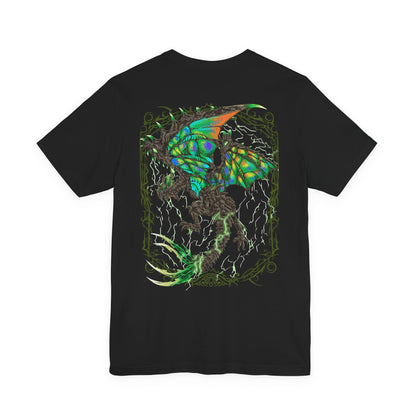 Image 5 of a T-Shirt artwork depicting Astalos launching into the air with its massive wings fully charged, surrounded by bright arcs of electricity and explosive thunder. The Thunder Wyvern's green wings, sharp head crest, and serrated tail dominate the composition while lightning illuminates the battlefield below. The design emphasizes Astalos' speed, aggression, and overwhelming electrical power.