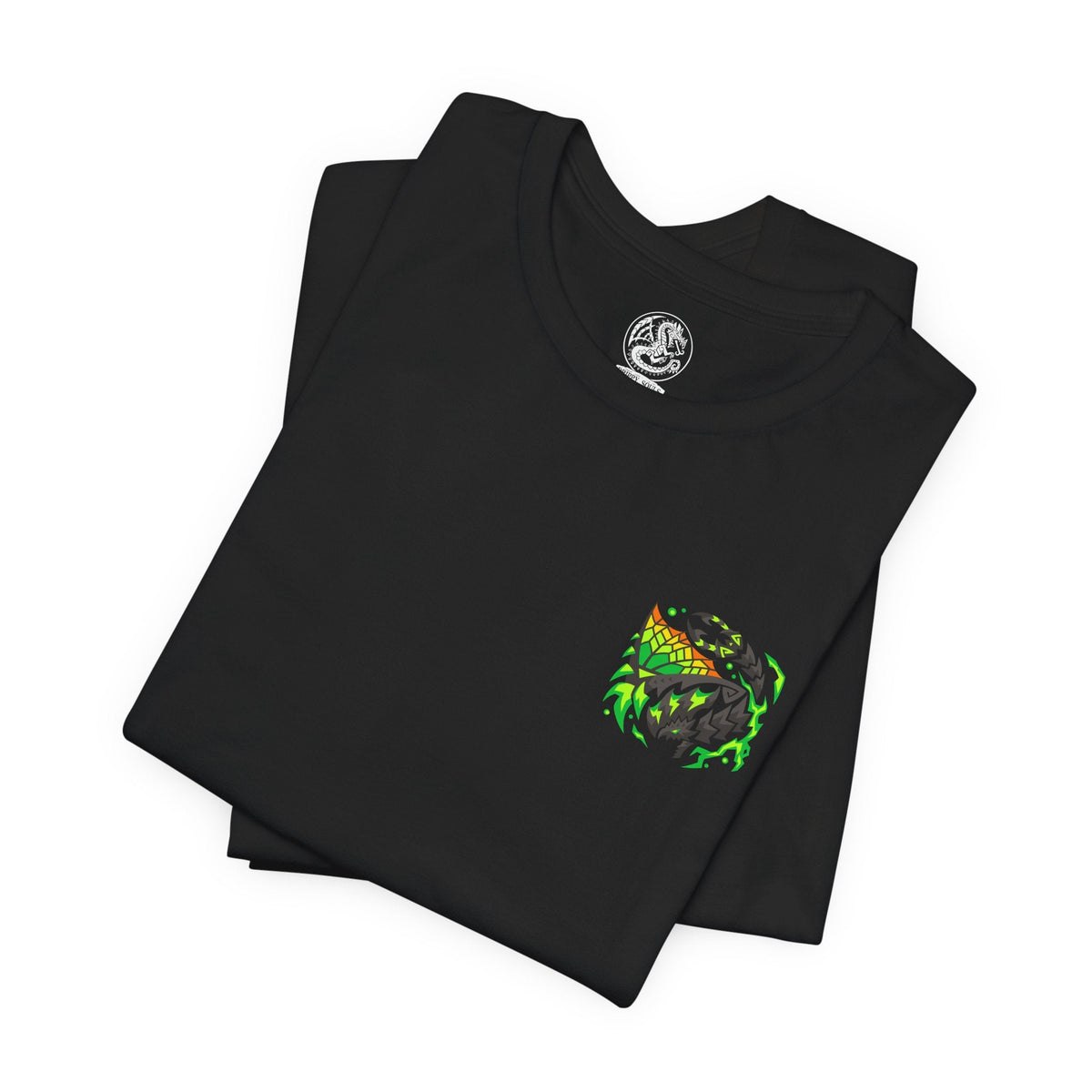 Image 6 of a T-Shirt artwork depicting Astalos launching into the air with its massive wings fully charged, surrounded by bright arcs of electricity and explosive thunder. The Thunder Wyvern's green wings, sharp head crest, and serrated tail dominate the composition while lightning illuminates the battlefield below. The design emphasizes Astalos' speed, aggression, and overwhelming electrical power.