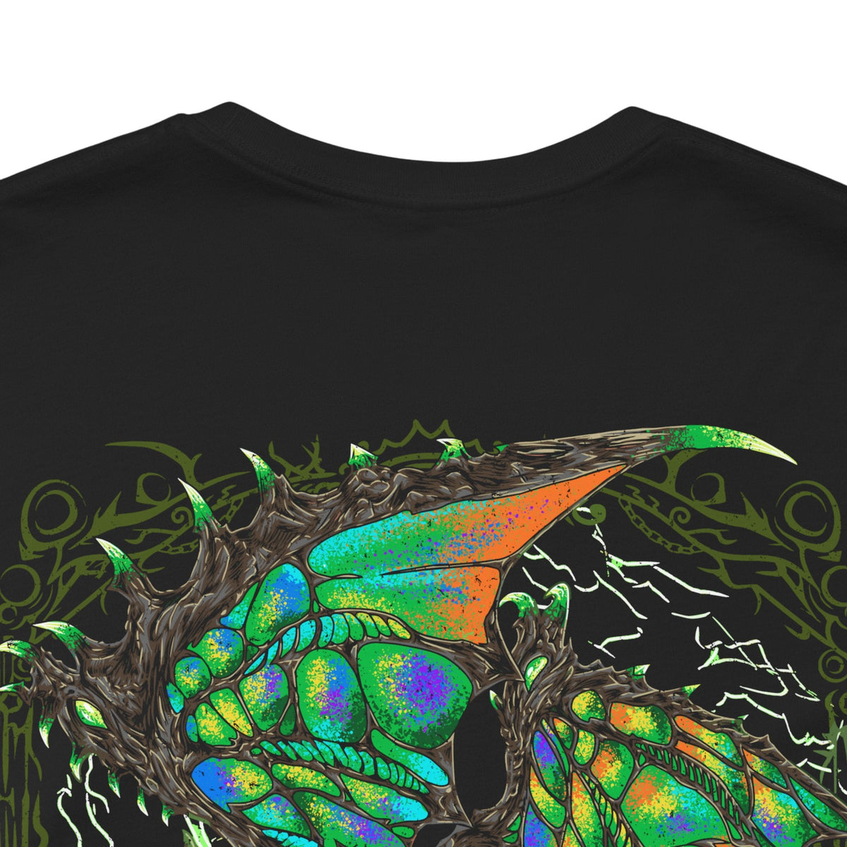 Image 7 of a T-Shirt artwork depicting Astalos launching into the air with its massive wings fully charged, surrounded by bright arcs of electricity and explosive thunder. The Thunder Wyvern's green wings, sharp head crest, and serrated tail dominate the composition while lightning illuminates the battlefield below. The design emphasizes Astalos' speed, aggression, and overwhelming electrical power.