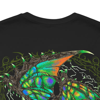 Image 7 of a T-Shirt artwork depicting Astalos launching into the air with its massive wings fully charged, surrounded by bright arcs of electricity and explosive thunder. The Thunder Wyvern's green wings, sharp head crest, and serrated tail dominate the composition while lightning illuminates the battlefield below. The design emphasizes Astalos' speed, aggression, and overwhelming electrical power.