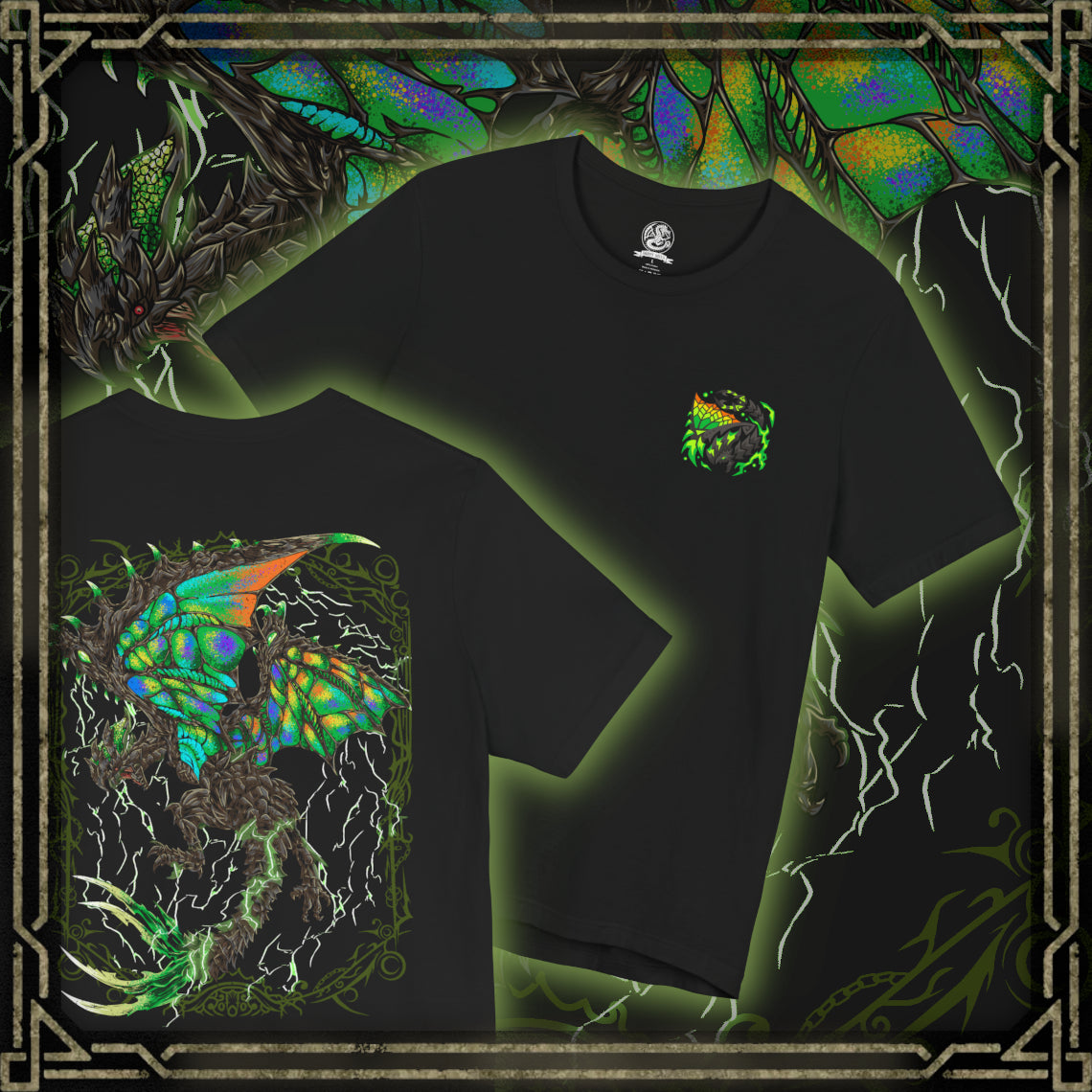 Thumbnail of a T-Shirt artwork depicting Astalos launching into the air with its massive wings fully charged, surrounded by bright arcs of electricity and explosive thunder. The Thunder Wyvern's green wings, sharp head crest, and serrated tail dominate the composition while lightning illuminates the battlefield below. The design emphasizes Astalos' speed, aggression, and overwhelming electrical power.