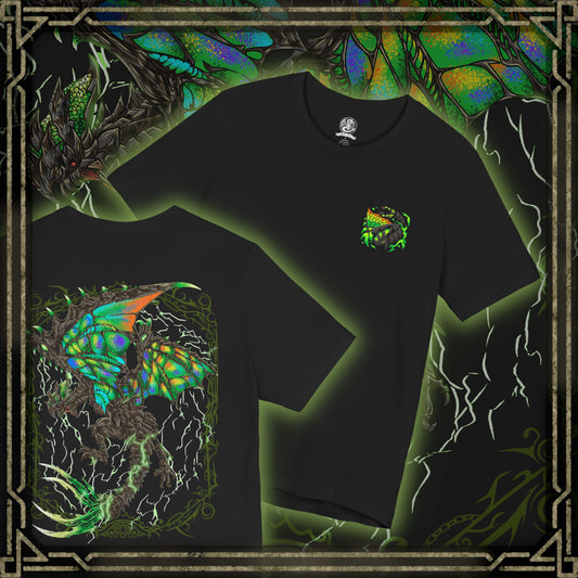 Thumbnail of a T-Shirt artwork depicting Astalos launching into the air with its massive wings fully charged, surrounded by bright arcs of electricity and explosive thunder. The Thunder Wyvern's green wings, sharp head crest, and serrated tail dominate the composition while lightning illuminates the battlefield below. The design emphasizes Astalos' speed, aggression, and overwhelming electrical power.