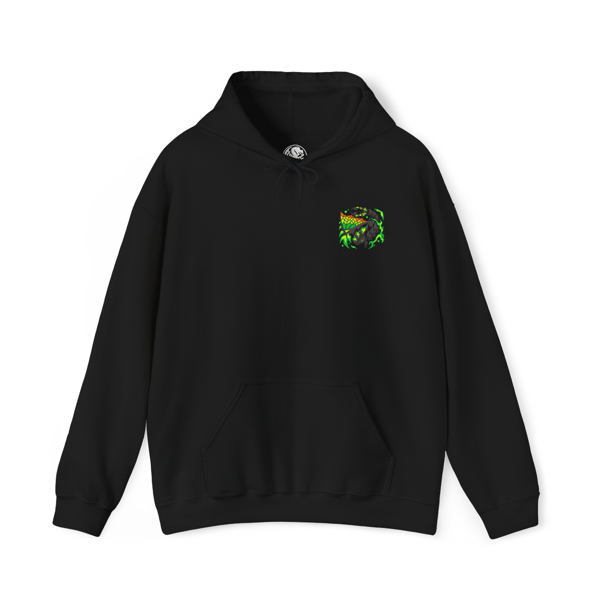 Image 4 of a Hooded Sweatshirt of Astalos from Monster Hunter Generations, showing the electrified Thunder Wyvern perched on a rocky battlefield beneath a violent storm. Its enormous green wings spread wide as lightning surges through its body and illuminates its sharp crest and bladed tail. Thunderclouds, sparks, and shattered stone surround the monster, emphasizing its speed, aggression, and devastating electrical power.